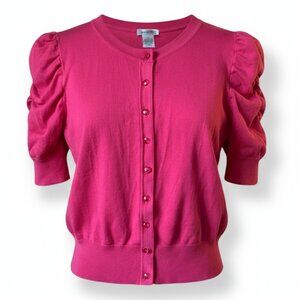 AUGUST SILK - Button Up Cardigan Puffed ruched sleeves - Melon Pink - medium